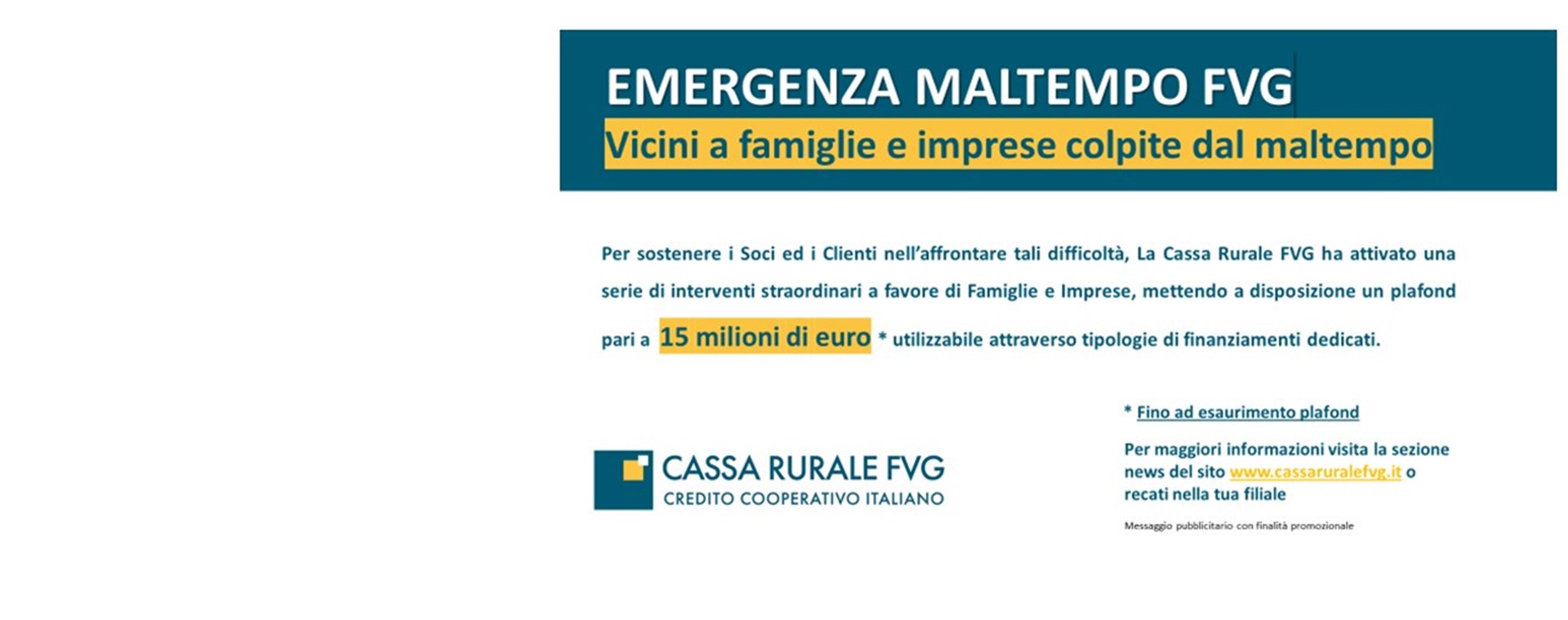 Plafond di 15 milioni di euro per sostenere famiglie e imprese colpite dal maltempo 