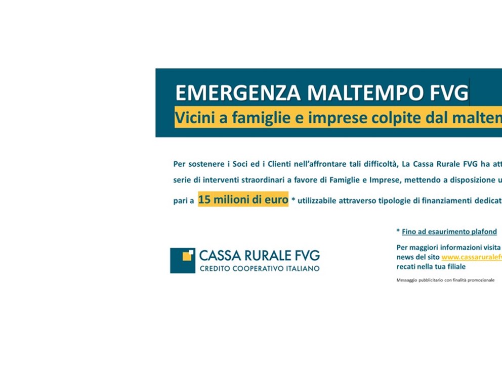 Plafond di 15 milioni di euro per sostenere famiglie e imprese colpite dal maltempo 